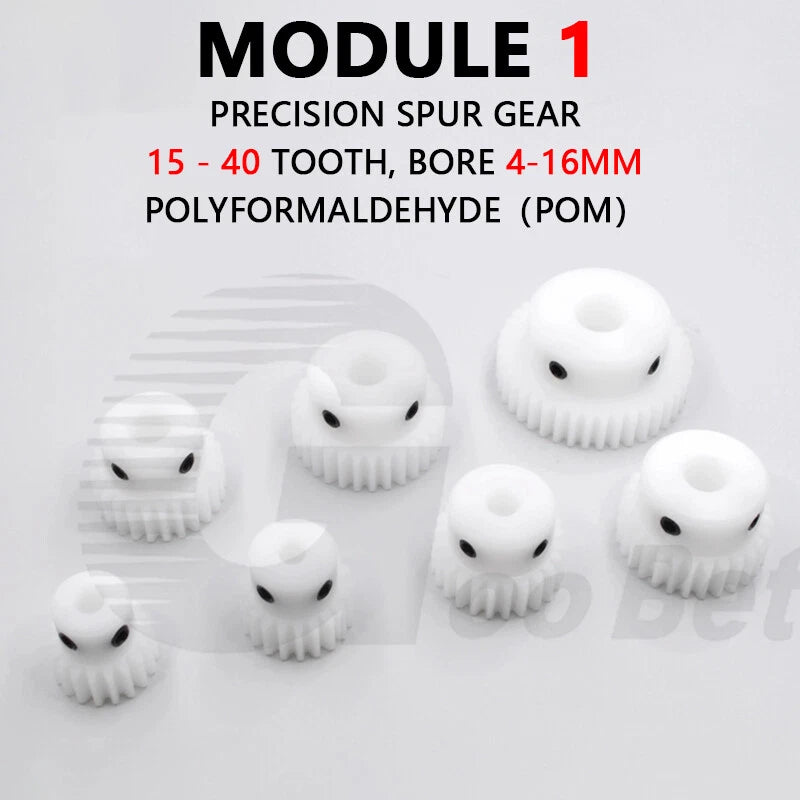 Module 1 Spur Gear POM Plastic 15-40 Tooth with Hub Bore 4-16mm Precision White
