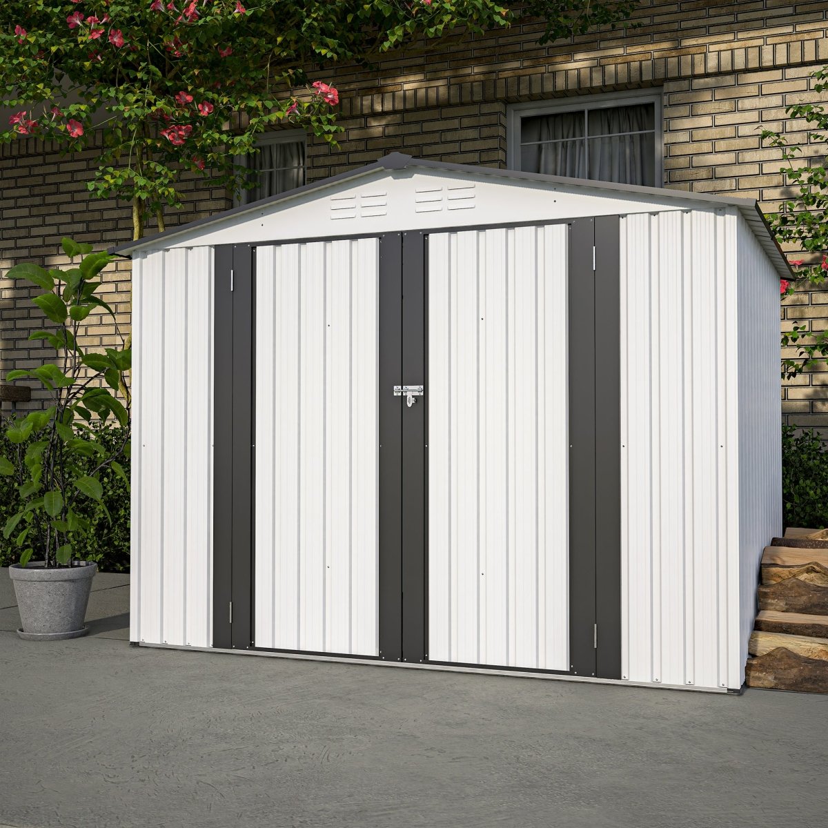8 x 6 ft Outdoor Storage Shed, All Weather Metal Sheds with 2 Lockable Doors, Tool Shed for Garden, Backyard, Lawn,White - HomeDIYer
