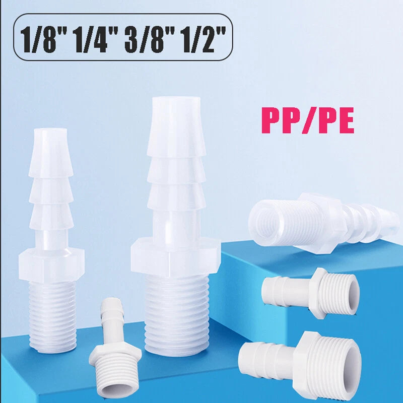 BSP Metric Male Thread Plastic Hose Connector — Straight Barbed Joiner (PP/PE, 1/8" to 3/4")