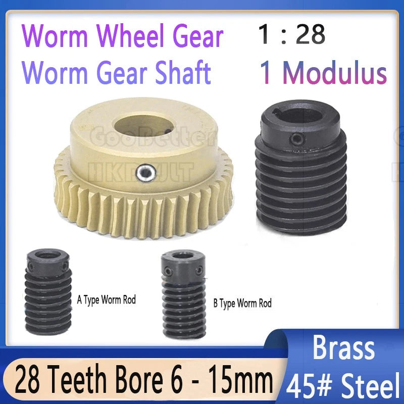 Module 1 Brass Worm Gear Wheel Worm Shaft C45 Steel 28 Tooth Bore 6/8/10 - 15 mm