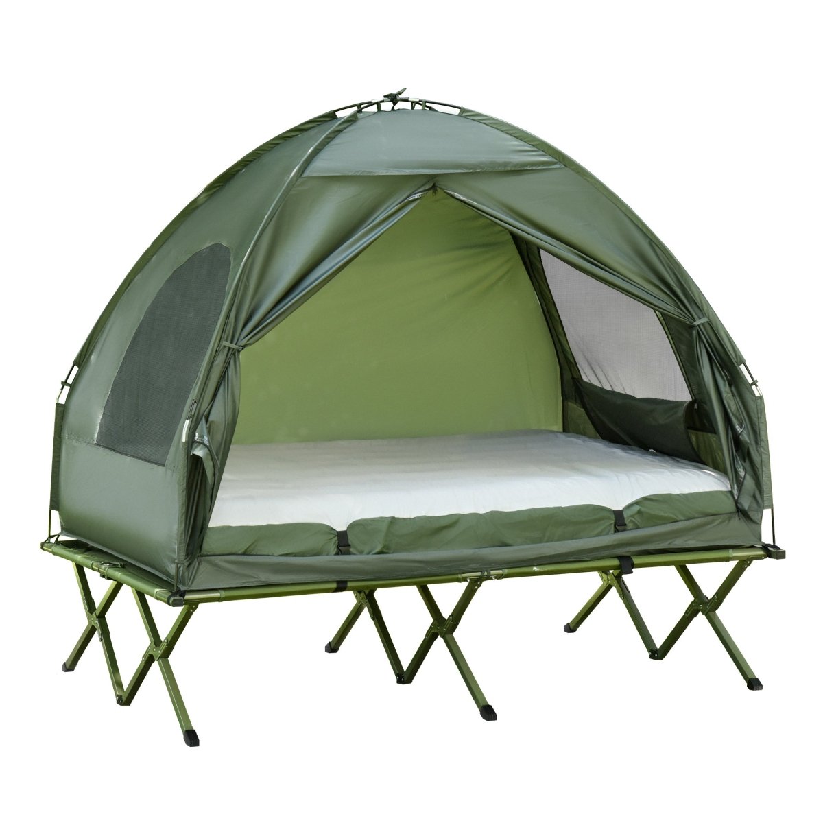 2 Person Foldable Camping Cot with Tent, Bedspread and Thick Air Mattress, 4 - In - 1 Elevated Camping Bed Tent for Outdoor Hiking, Picnic, Travel - HomeDIYer