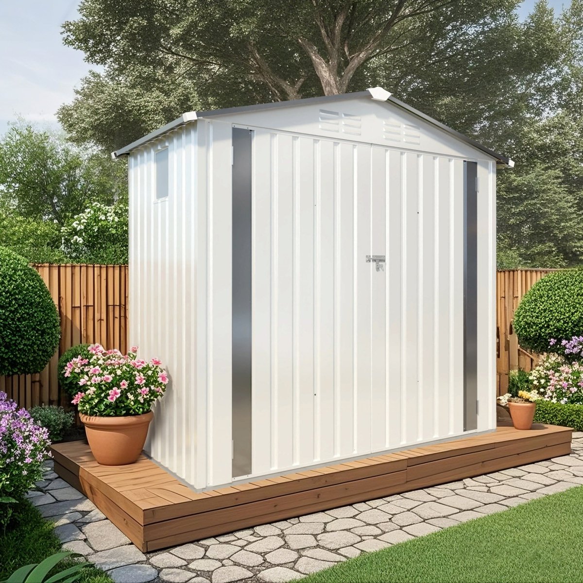 6X4 FT Metal Outdoor Storage Shed,Tool Shed with Pitched Roof Watertight with Positive Window and Lockable Door Compact Metal Tool Shed for Garden, Backyard,Patio,Sundries and Bike Storage, White+Gray - HomeDIYer
