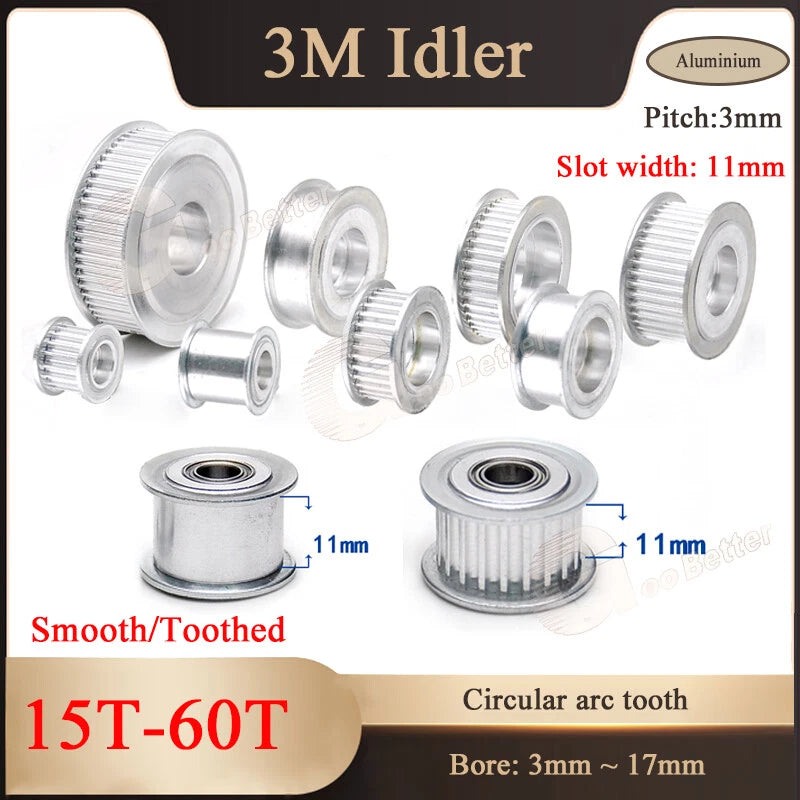 3M Smooth/Tooth Idler Drive Pulley 15T-60T Bore 3-17mm For 6/10mm Width Belt