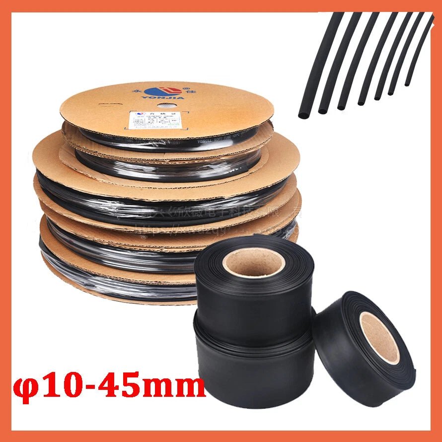 Black Heat Shrink Tubing 10mm–45mm | Polyolefin Electrical Sleeving — 25M / 50M / 100M Rolls - HomeDIYer