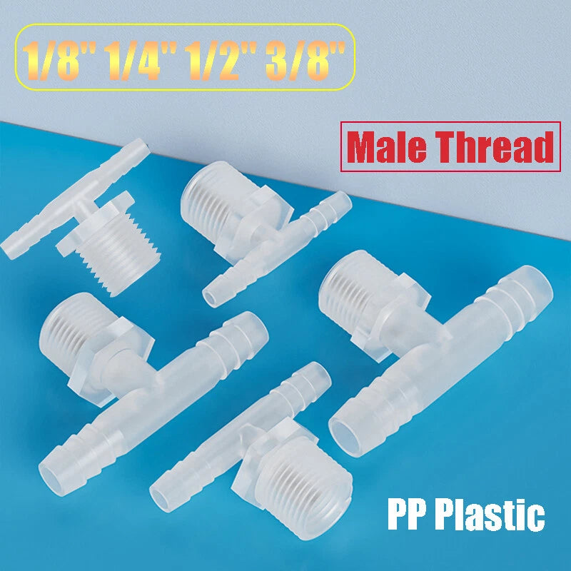 Plastic Male Thread 3-Way Hose Barb Connector — BSP & Metric, Equal Diameter