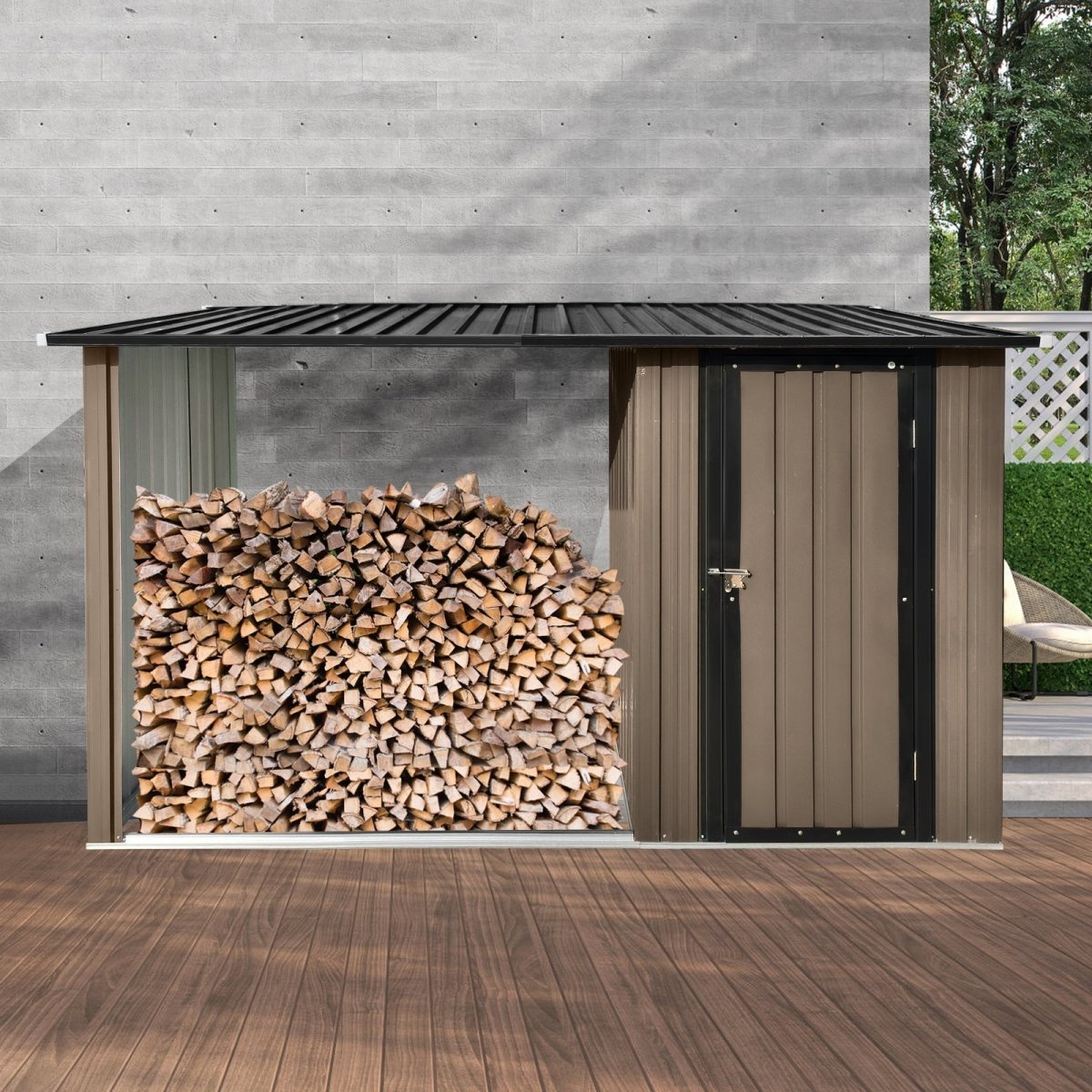 Outdoor Metal Firewood Rack and Storage Shed, Brown and Black,Two - in - one function - HomeDIYer