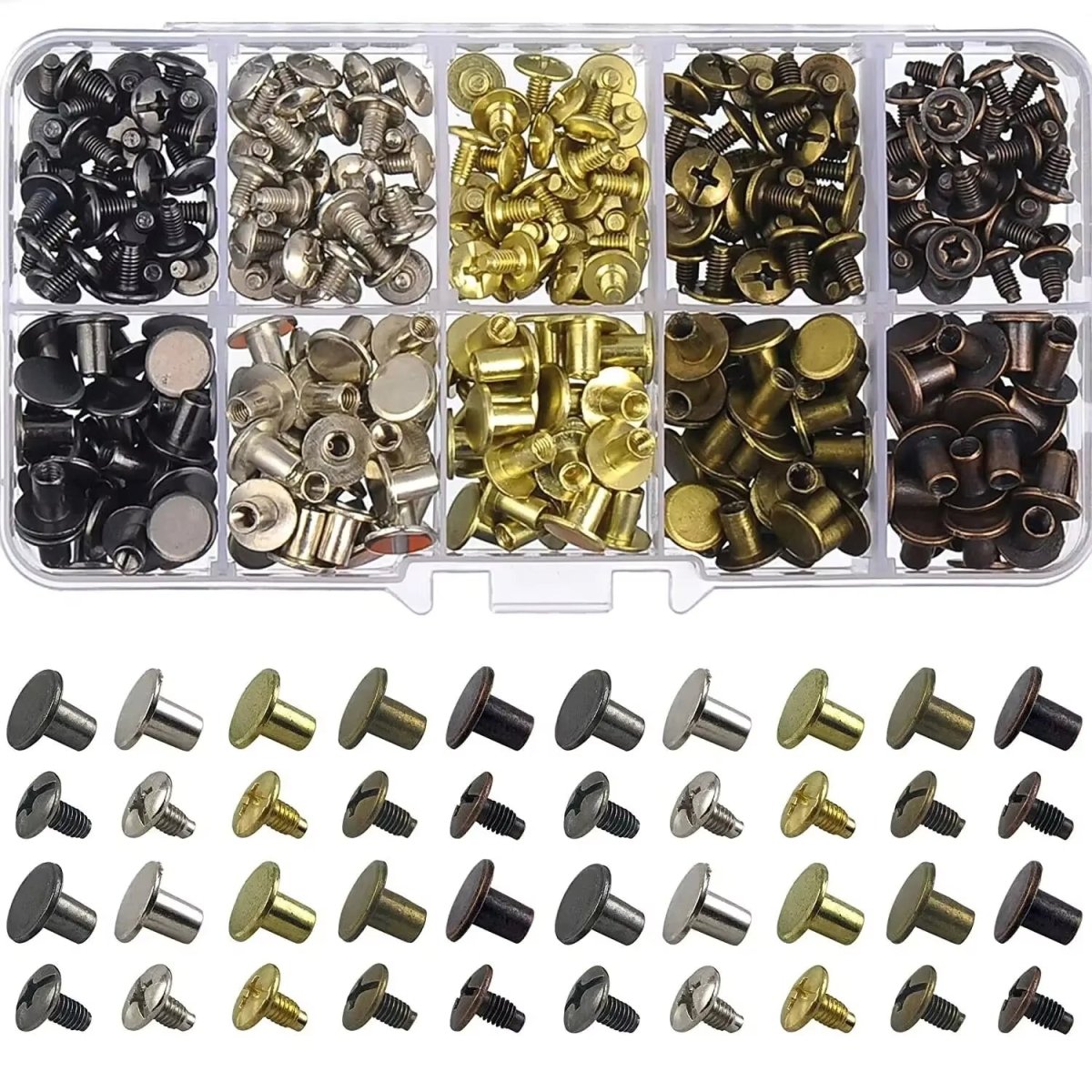 150 Sets Round Flat Head Screws Buttons Metal Screwback Studs Rivets for Leather Crafting 8MM (Mixed in Box) - HomeDIYer