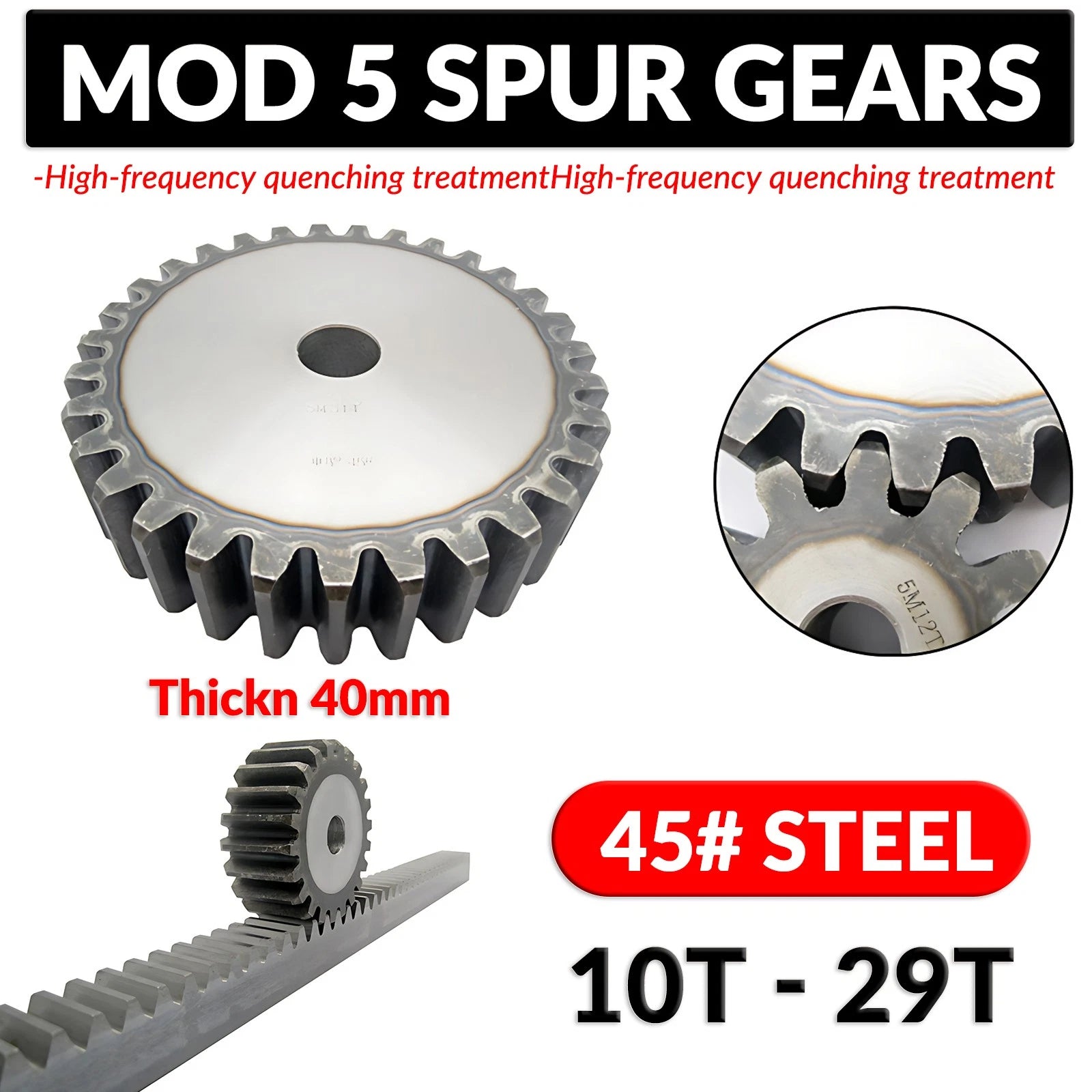 Mod 5 Spur Gears 45# Steel Pinion Gear Thickn 40mm 10T - 29T Transmission Gear