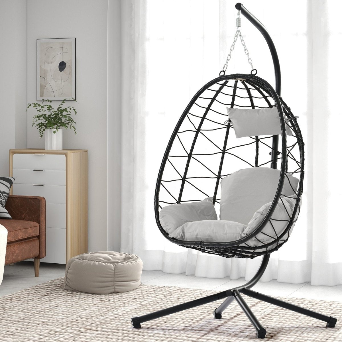 Egg Chair with Stand Indoor Outdoor Swing Chair Patio Wicker Hanging Egg Chair Hanging Basket Chair Hammock Chair with Stand for Bedroom Living Room Balcony Light Gray - HomeDIYer