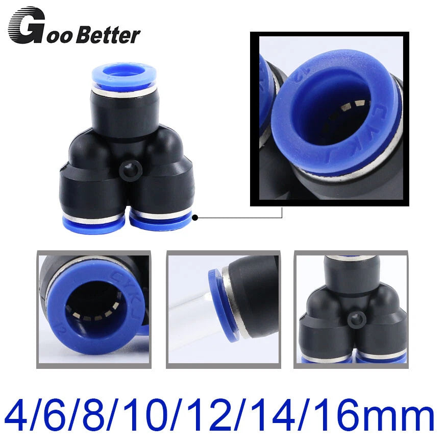 Pneumatic Y Splitter 3-Way Air Hose Fitting — Push-to-Connect, 4mm to 16mm