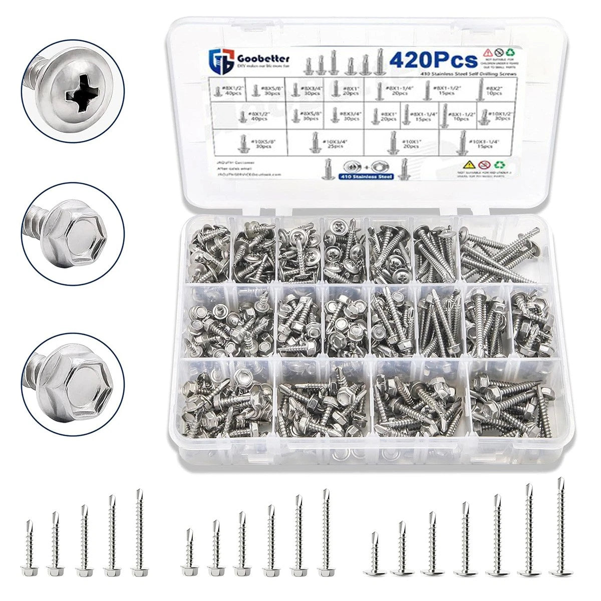 420‑Piece #8 #10 Self‑Drilling Tek Screws – 410 Stainless Steel, Hex‑Washer & Wafer Head