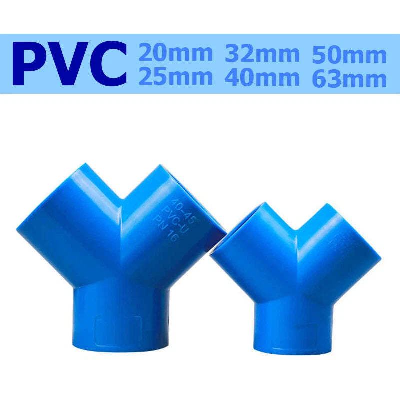 Blue PVC Pipe Fittings Y-Shape Wye Connector Adapter Solvent Weld ID 20mm - 63mm