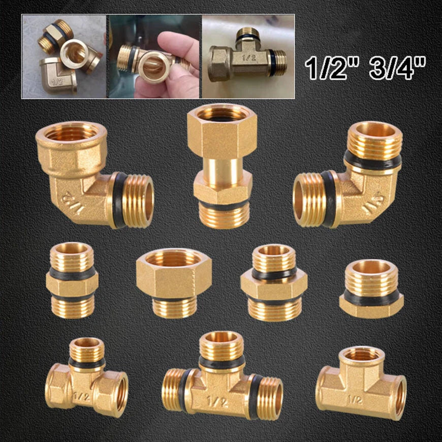 1/2" & 3/4" Brass Pipe Fittings – Straight, Elbow, Tee, Plug & Hex Nipple Connectors with Seal Washer