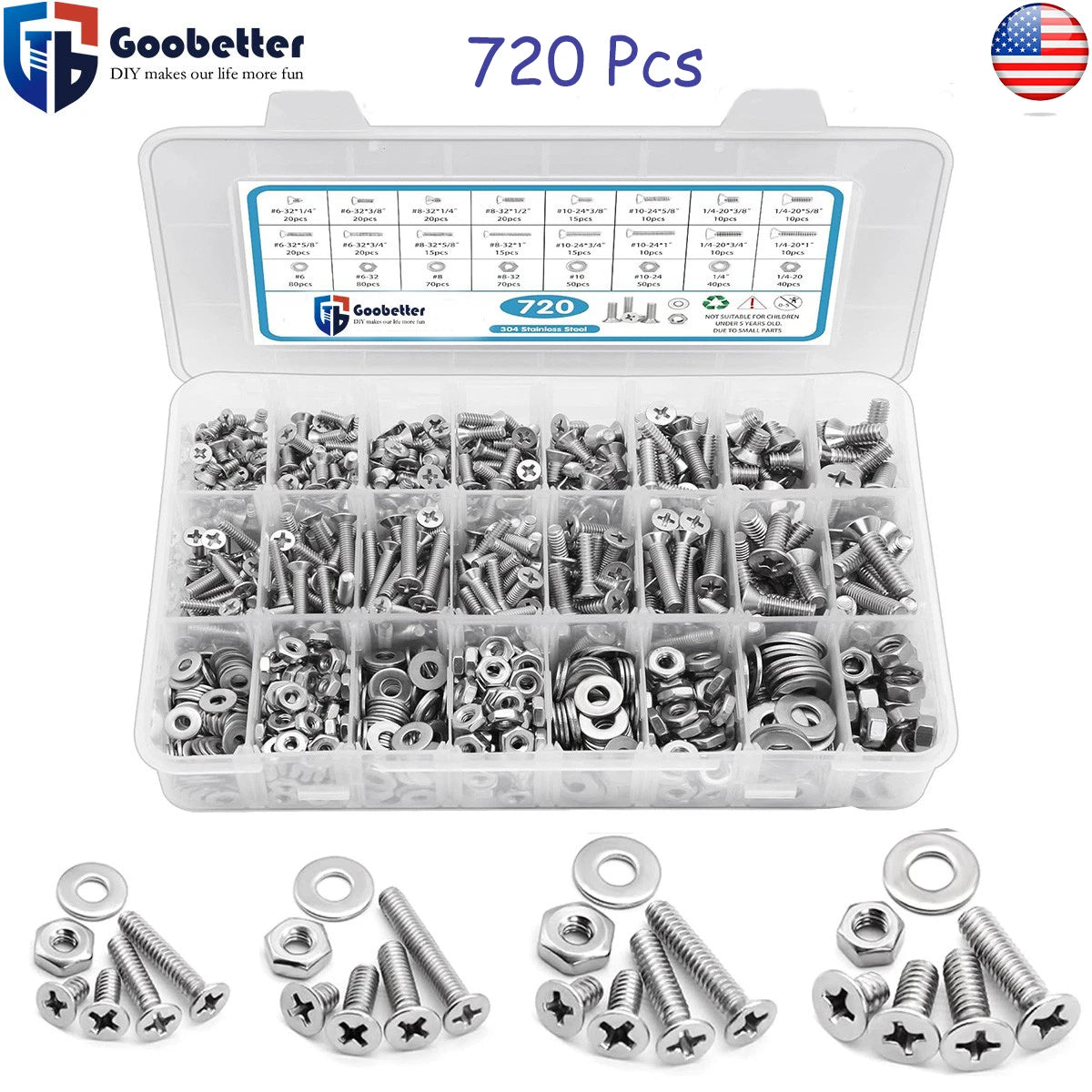 720Pcs Stainless Steel Phillips Flat Head Machine Screws Nuts Washers Assortment Kit – #6-32 #8-32 #10-24 1/4-20 SAE