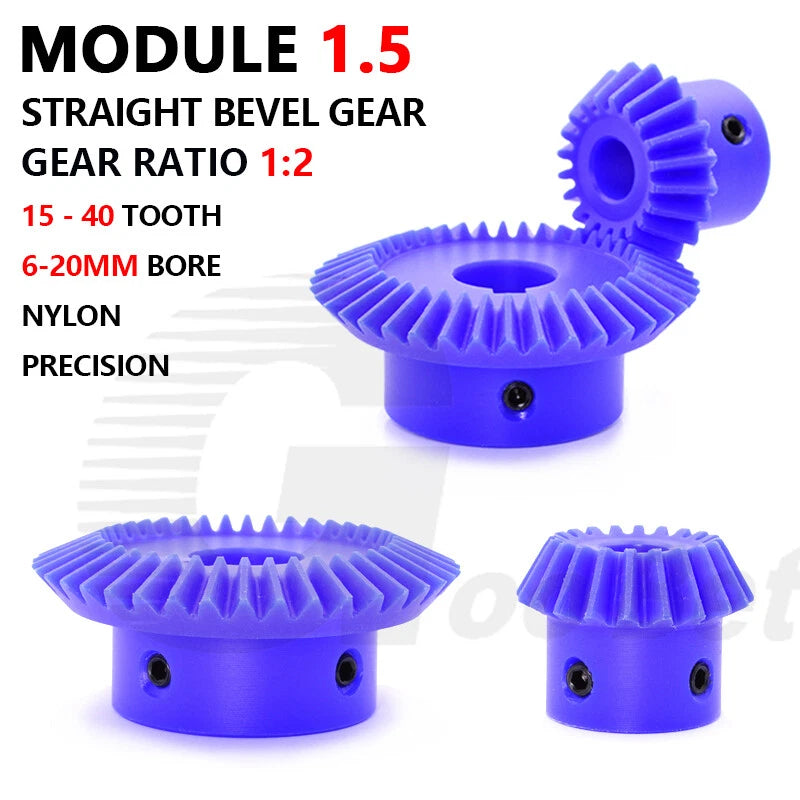 Module 1.5 Straight Bevel Gear Nylon 15 - 40 Tooth 1:2 Pairing 6-20mm Bore Blue