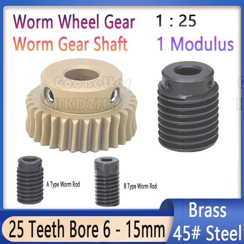 1 Module 45 Steel Worm Shaft & Brass Worm Gear Wheel 25 Tooth Transmission Gear