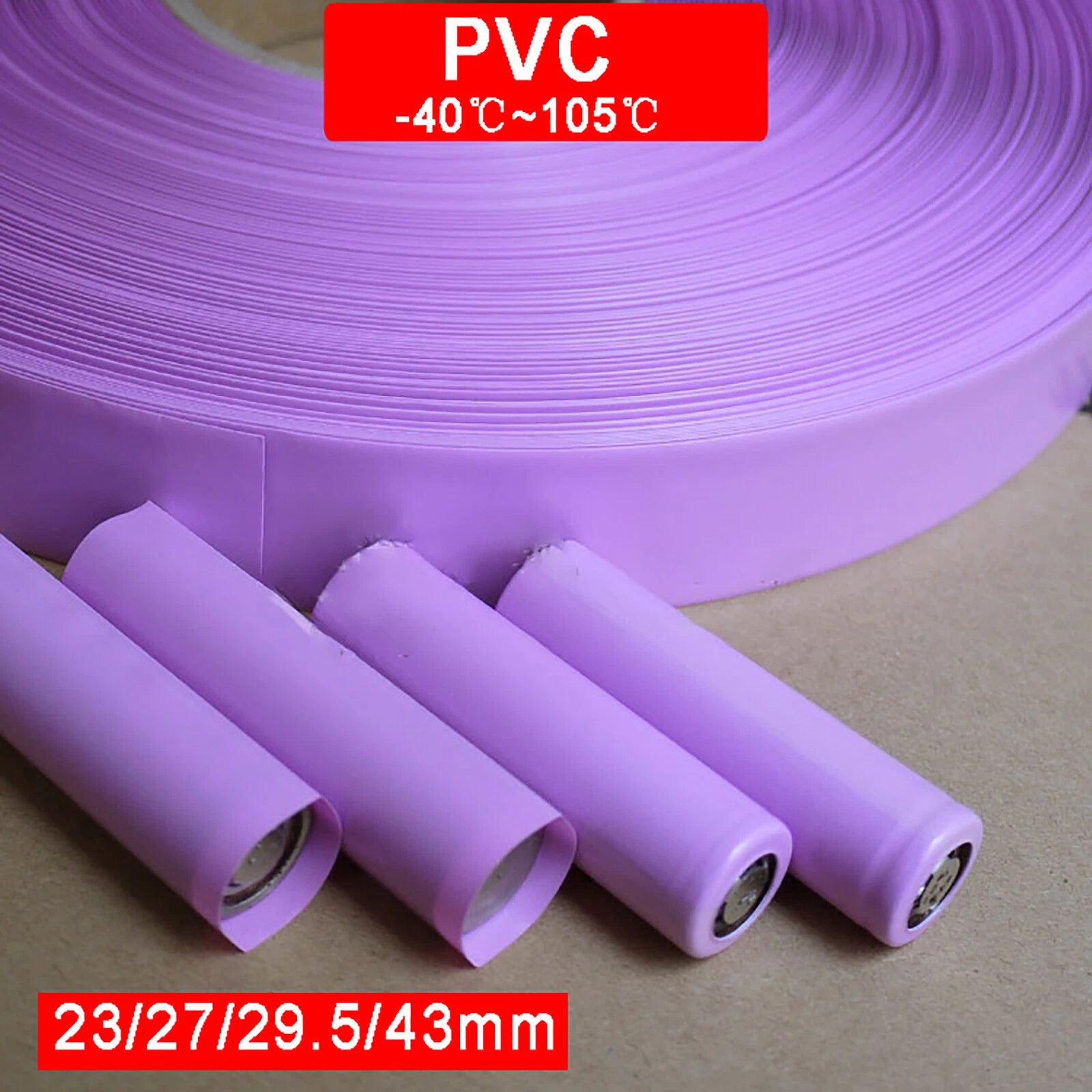 Purple PVC Heat Shrink Tubing for RC Battery Pack, LED & Pin Connectors — 23mm to 43mm Flat