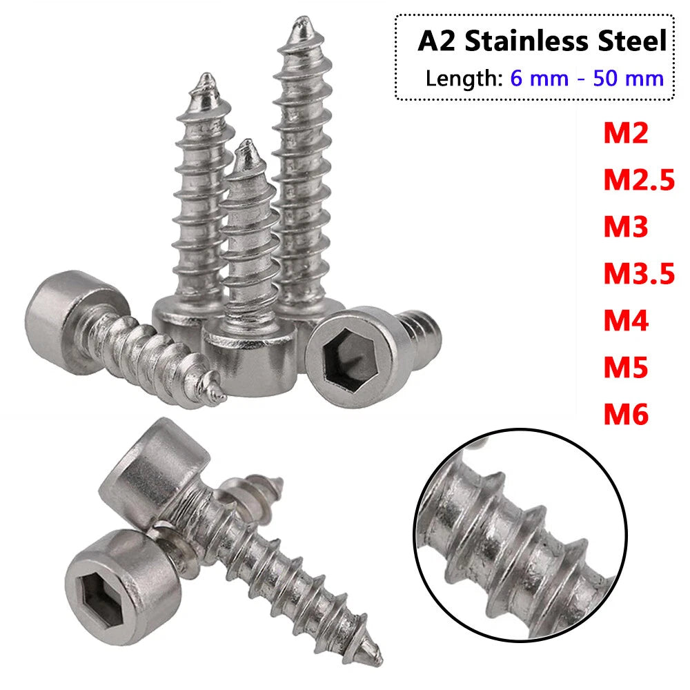 Hex Socket Cap Head Self Tapping Screws – A2 Stainless Steel, M2–M6