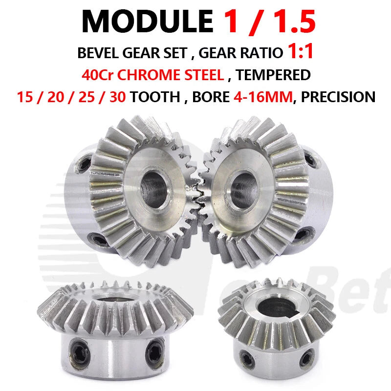 Bevel Gear Set 40Cr Chrome Steel Module 1 1.5 90° 1:1 Pairing 15 20 25 30 Tooth