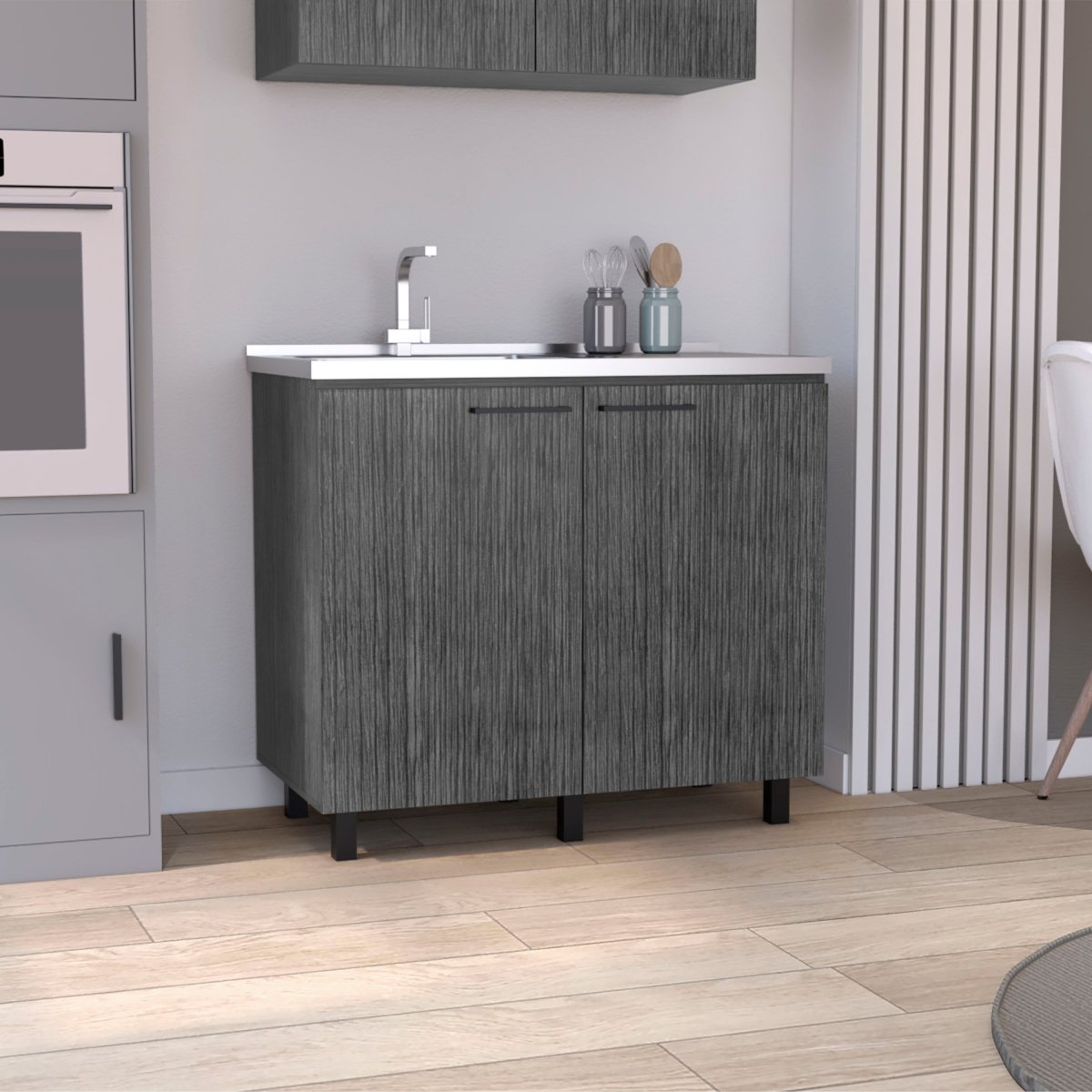 2 Freestanding Utility Base Cabinet with Stainless Steel Countertop and 2 - Door, Smokey Oak - HomeDIYer