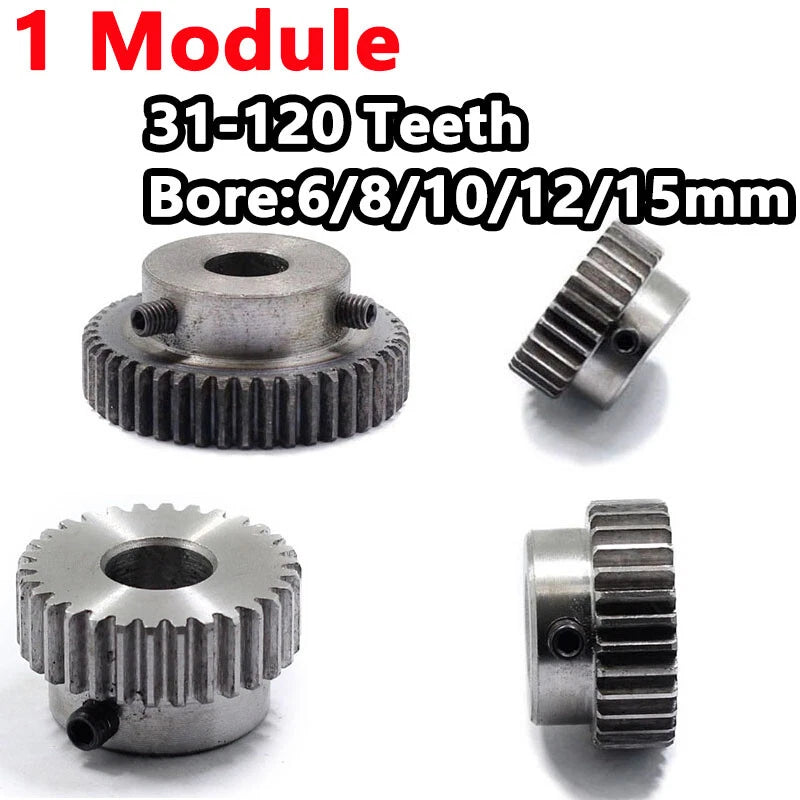 Spur Gear 1 Module Bore 6/8/10/12/15mm Teeth 31-120 Pinion 45 Steel Hard Tooth