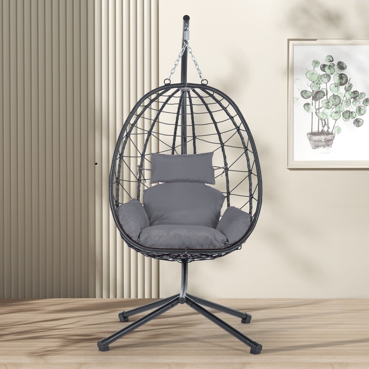 Egg Chair with Stand Indoor Outdoor Swing Chair Patio Wicker Hanging Egg Chair Hanging Basket Chair Hammock Chair with Stand for Bedroom Living Room Balcony Dark Gray - HomeDIYer