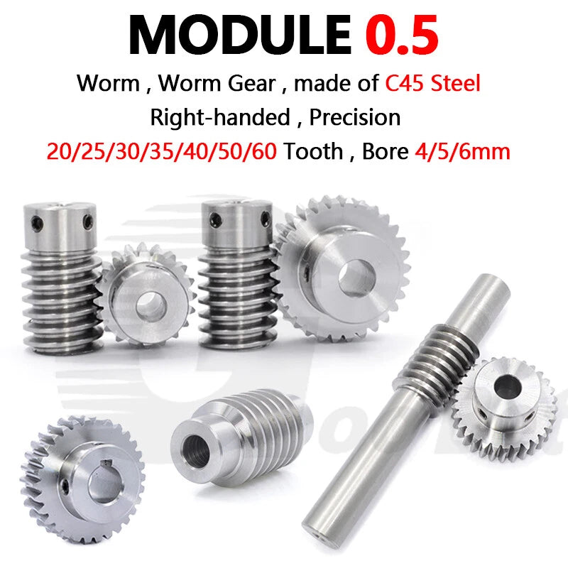 Module 0.5 Metal Worm Shaft Worm Gear Wheel C45 Steel 20/25/30/35/40/50/60 Tooth