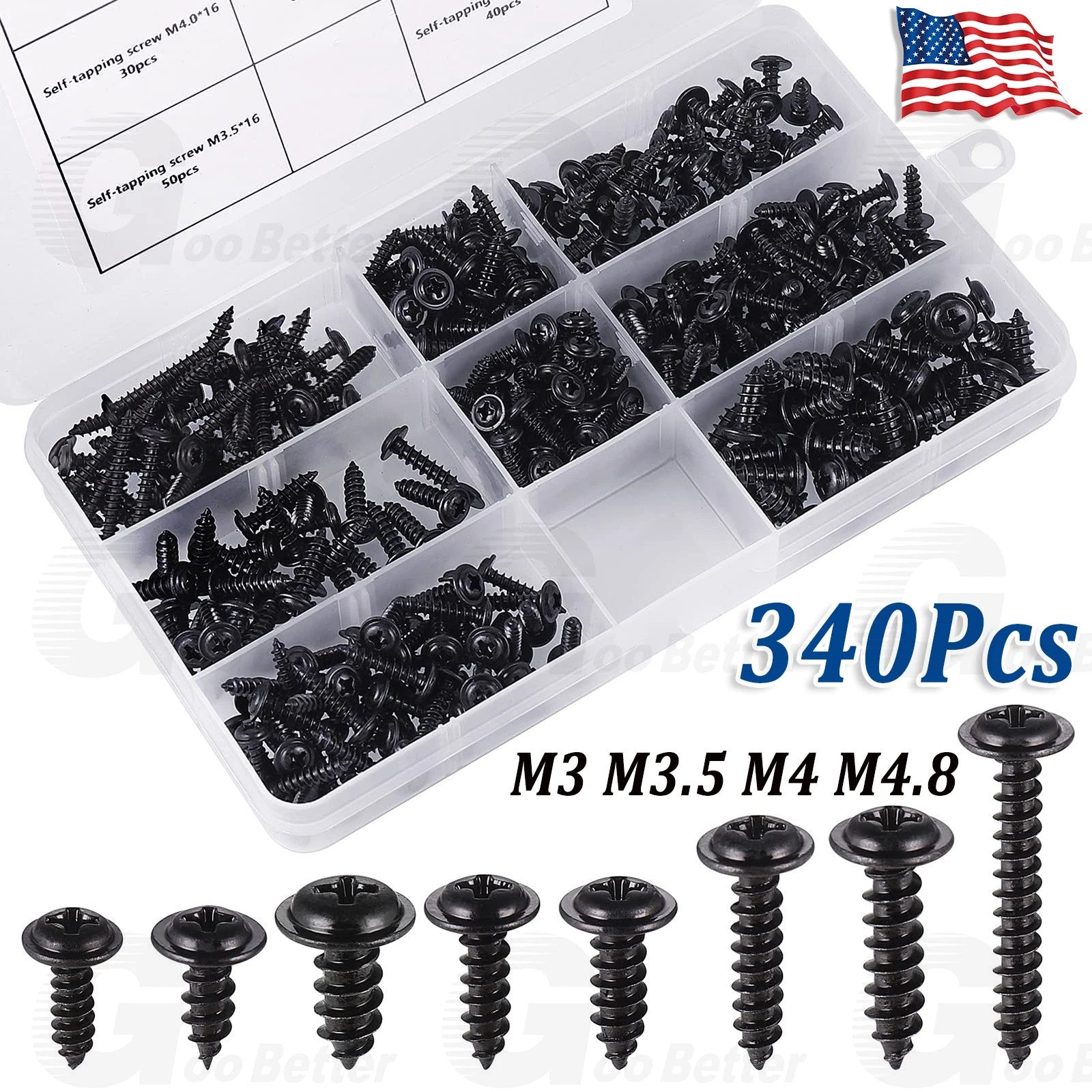 340pcs Phillips Pan Head Self Tapping Screws Kit – M3 M3.5 M4 M4.8, Black Carbon Steel