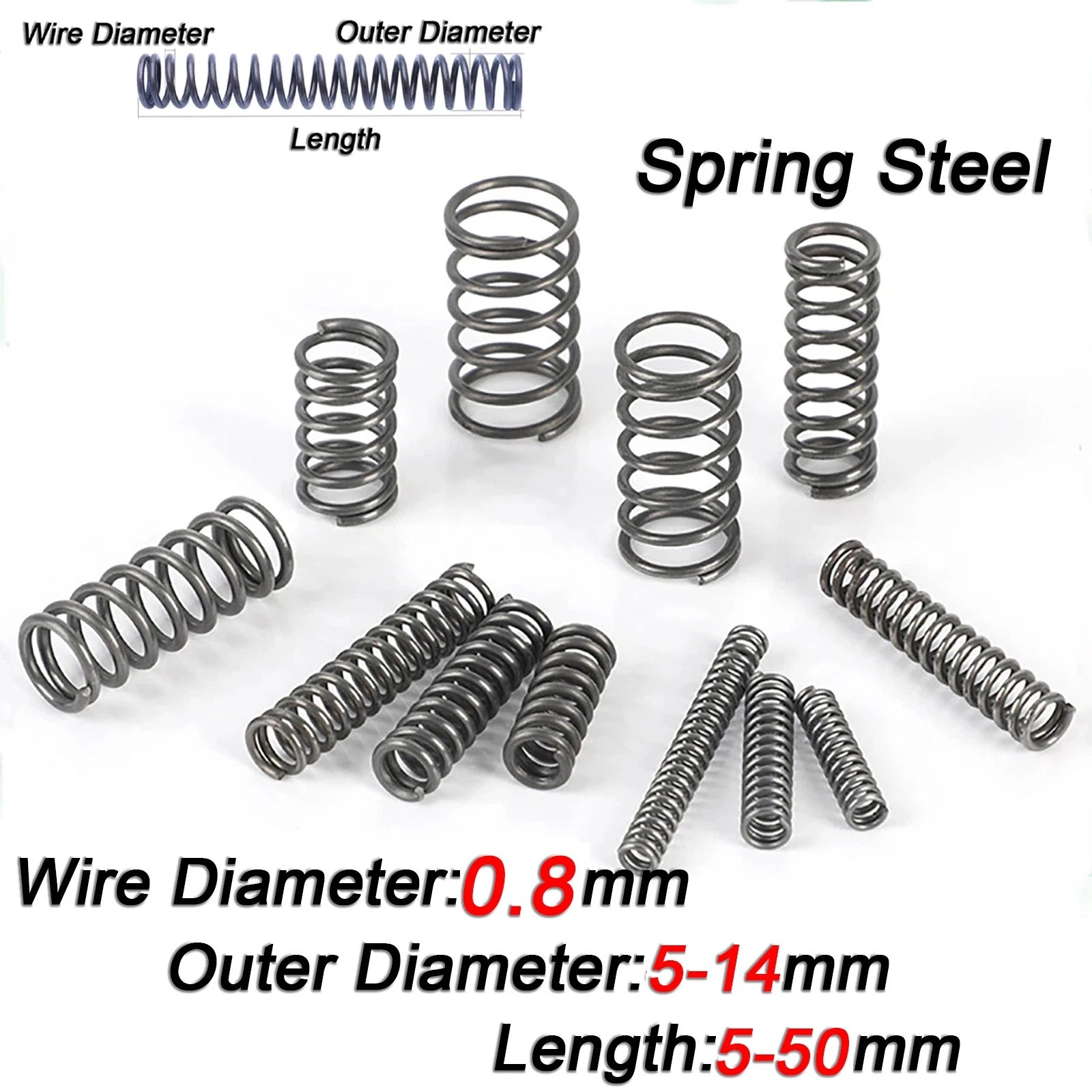 Compression Spring Steel 0.8mm Wire Dia 5mm - 14mm OD Small Pressure Springs