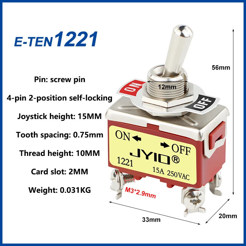 DPST Toggle Switch 4 Pin 15A 250VAC On/Off 2-Position — E-TEN 1221 (Car, Boat, Panel)