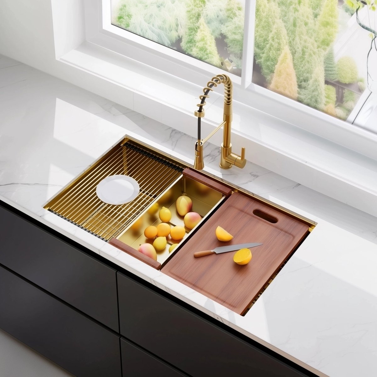 32 Gold Undermount Workstation Kitchen Sink - 32 x 19 Inch 16 Gauge Stainless Steel Undermount Kitchen Sink Handmade R10 Radius 10 Inch Deep Undermount Single Bowl Sink with Custom Accessories - HomeDIYer