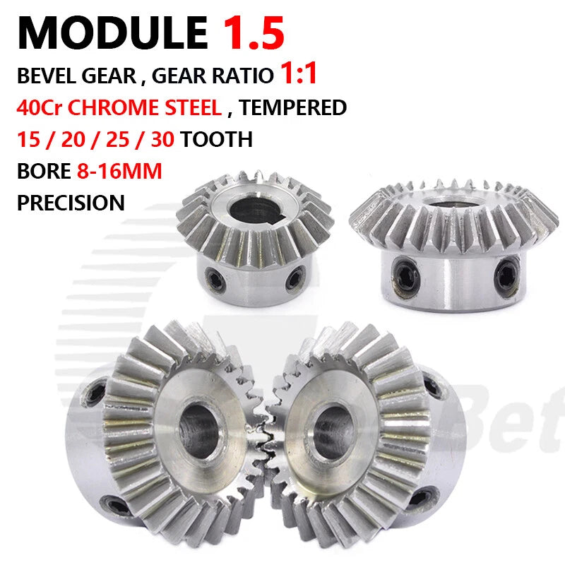 Mod 1.5 Bevel Gear 40Cr Chrome Steel Miter Gear Ratio 1:1 20 Tooth Bore 8mm-16mm