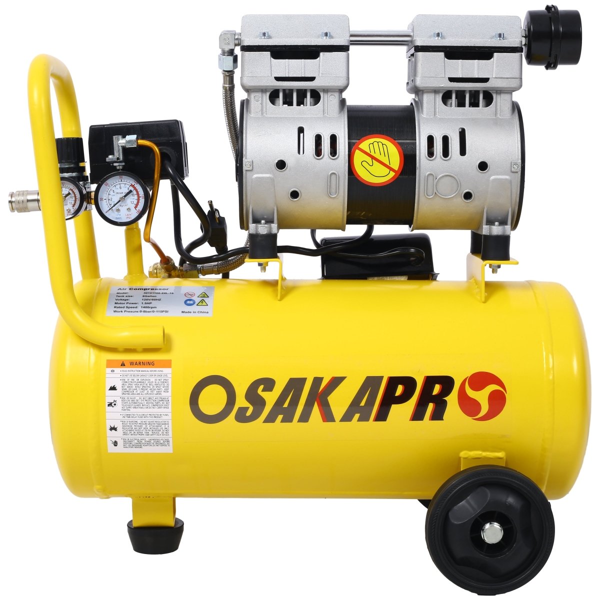 1.5HP Silent Oil - Free Air Compressor 8 Gallon, Oil - Free, Electric Shop Air Compressor Portable,Lightweight with Wheels, 70 dBA Noise Level, with Automatic Drain Valve,Yellow - HomeDIYer