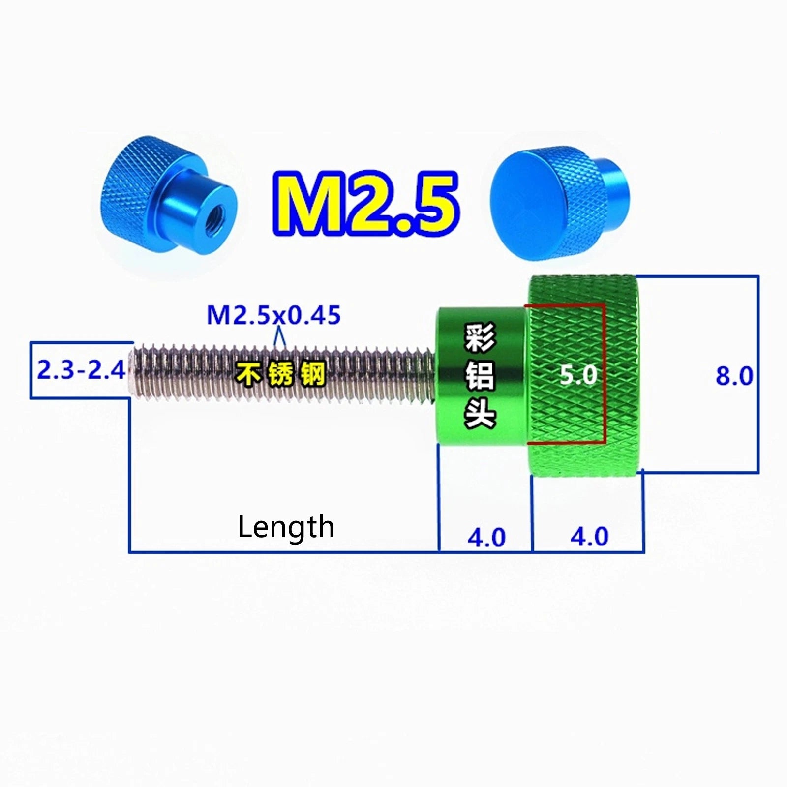 M2.5 Knurled Thumb Screws — Stainless Steel & Anodized Aluminum, Multiple Colors