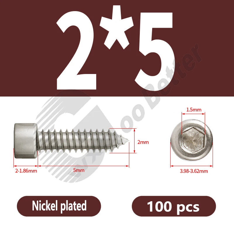 M1.7 M2 M2.3 M2.6 M3 M3.5 M4 M5 M6 Socket Head Self‑Tapping Screws – Alloy Steel, Nickel or Black Zinc