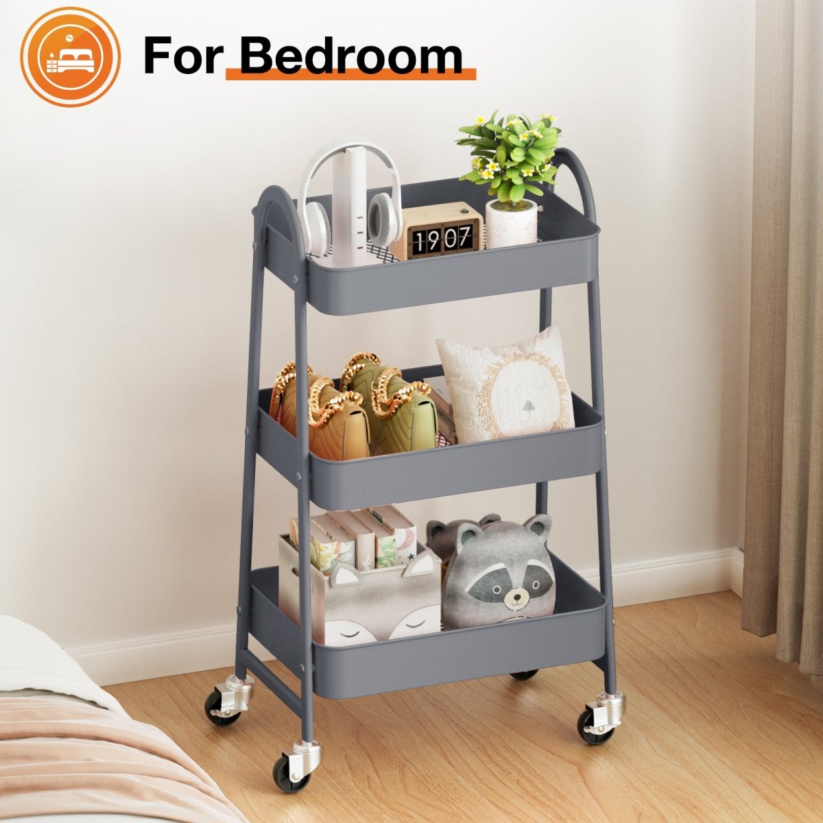 Gray 3 Tier Small Rolling Cart, Metal Utility Storage Organizer Kitchen Trolley Bathroom Laundry Room Bar Office Shelves - HomeDIYer
