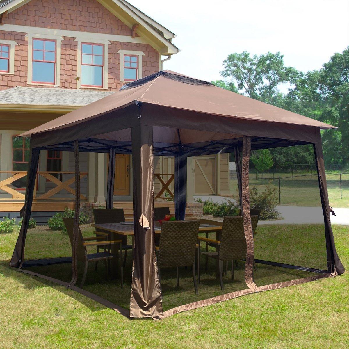 Outdoor 11x 11Ft Pop Up Gazebo Canopy With Removable Zipper Netting,2 - Tier Soft Top Event Tent,Suitable For Patio Backyard Garden Camping Area with 4 Sandbags,Brown - HomeDIYer