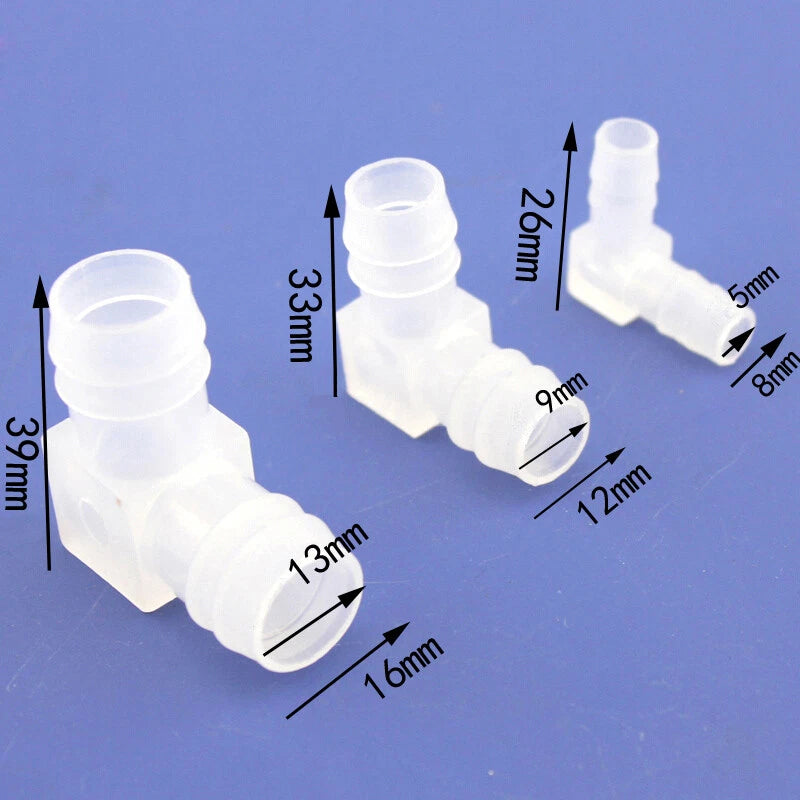 Plastic L-Shaped Elbow 2-Way Hose Connector for 385 Pump — Equal Dia O.D. 8 / 12 / 16mm