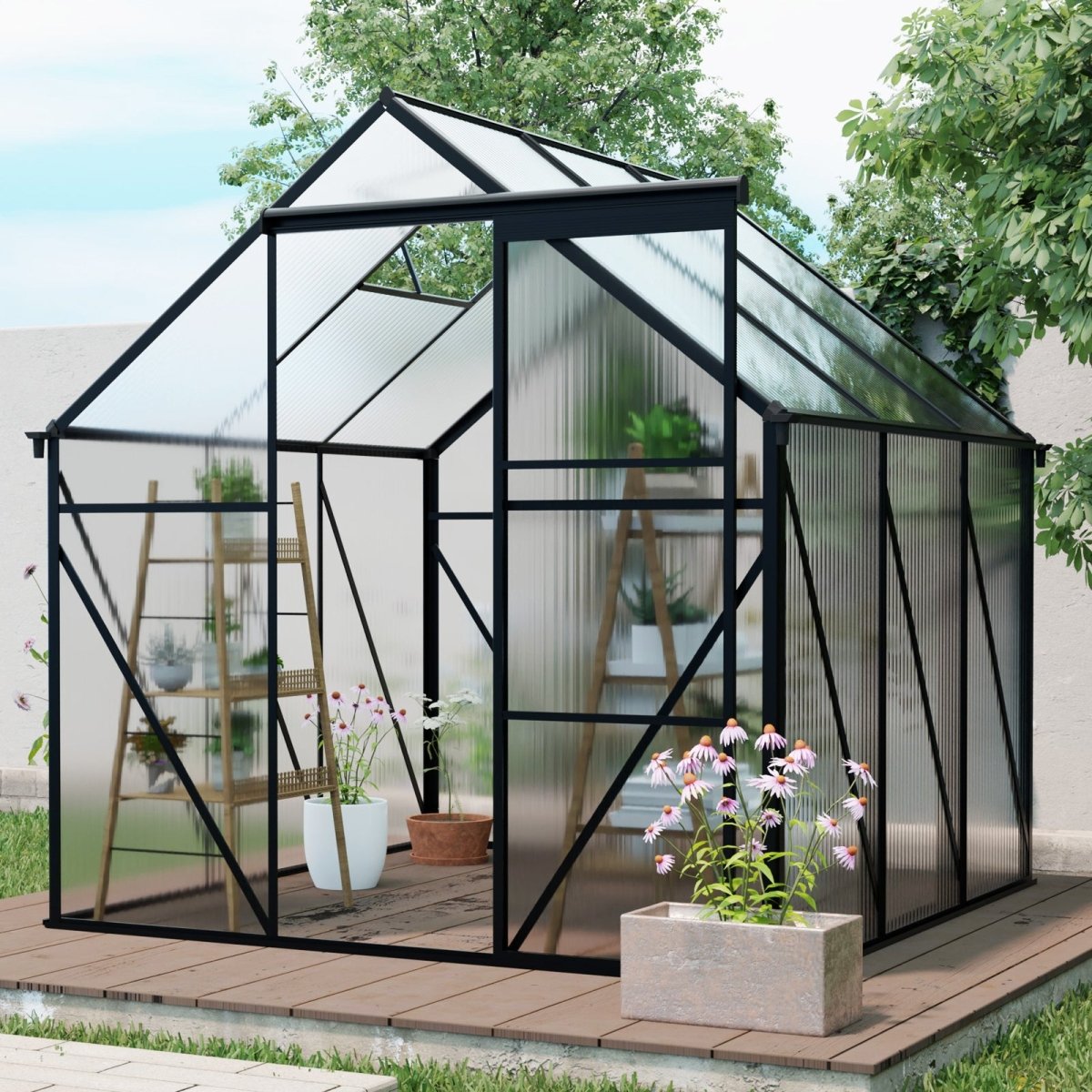 6X6FT - BLACK Polycarbonate Greenhouse Raised Base and Anchor Aluminum Heavy Duty Walk - in Greenhouses for Outdoor Backyard in All Season - HomeDIYer