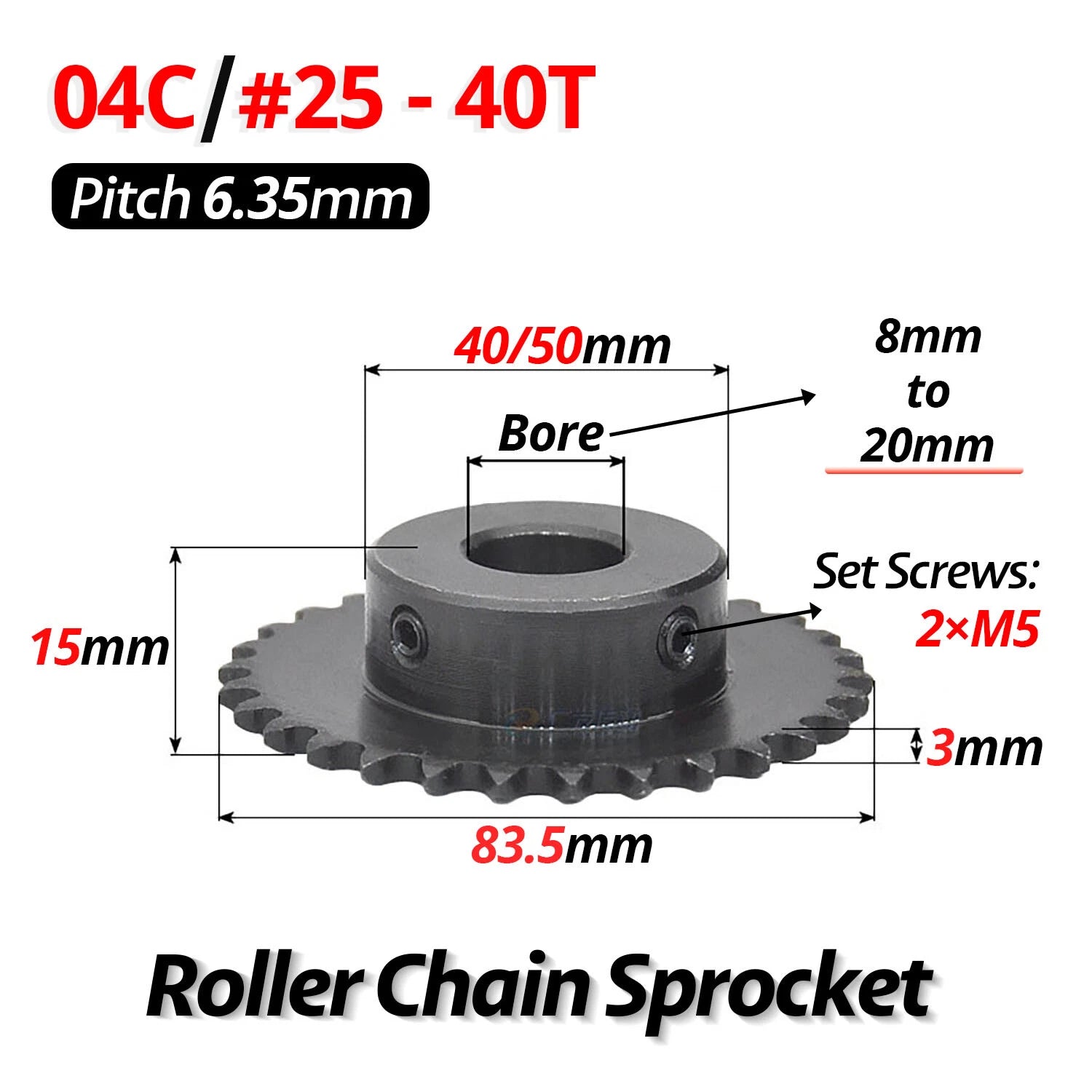 #25 Roller Chain Sprocket 04C 40T Tooth Bore 8mm-30mm Pitch 6.35mm (1/4 inch)