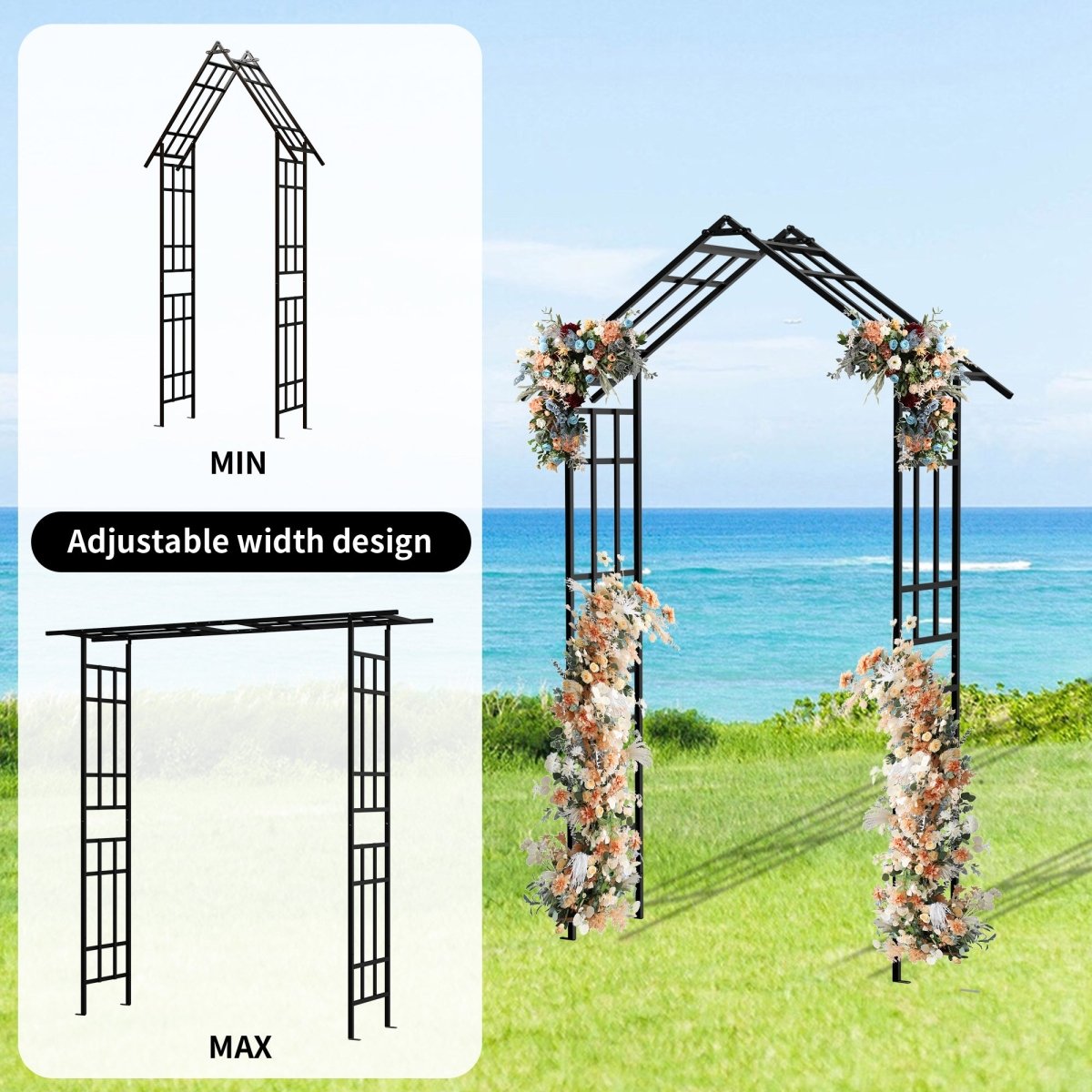 Metal Garden Arch with Adjustable Width W42.52''~W78.15'' Climbing Plants Support Rose Arch Outdoor Black - HomeDIYer
