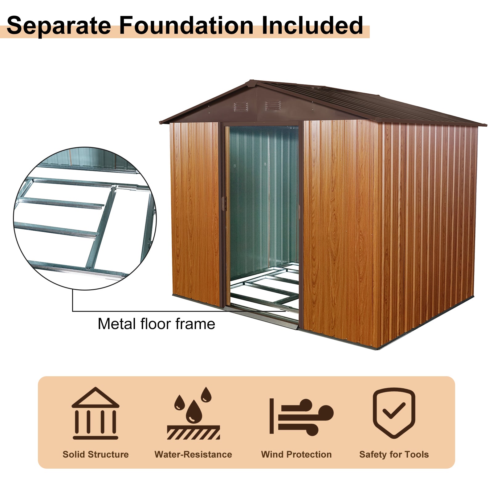 8ft x 6ft Outdoor Metal Storage Shed with Metal foundation,Coffee