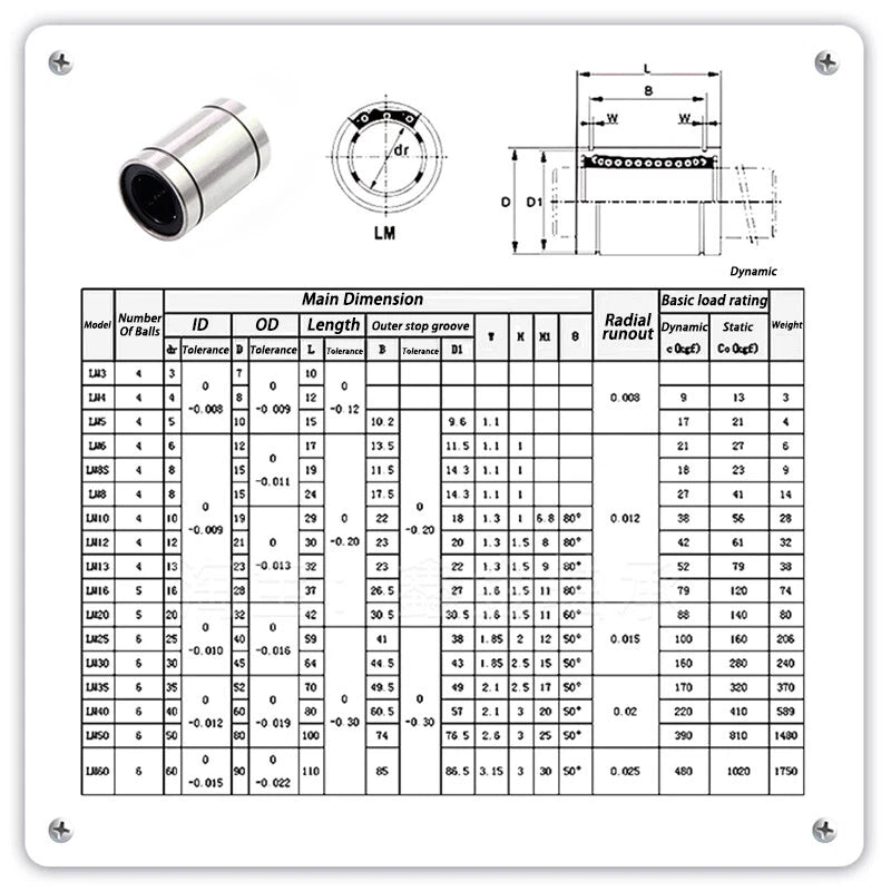 LM3-50UU Linear Motion Ball Bearings I.D 3-50mm O.D 7-80mm LM3-50 Linear Bearing