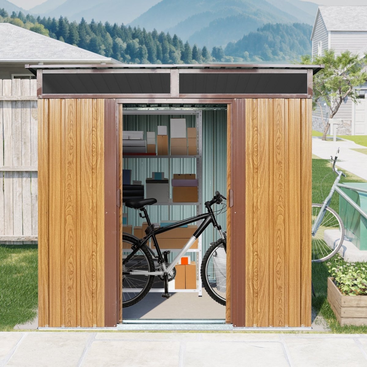 6ft x 5ft Outdoor Metal Storage with Transparent plate and Foundation for Backyard Garden Patio - Coffee - HomeDIYer
