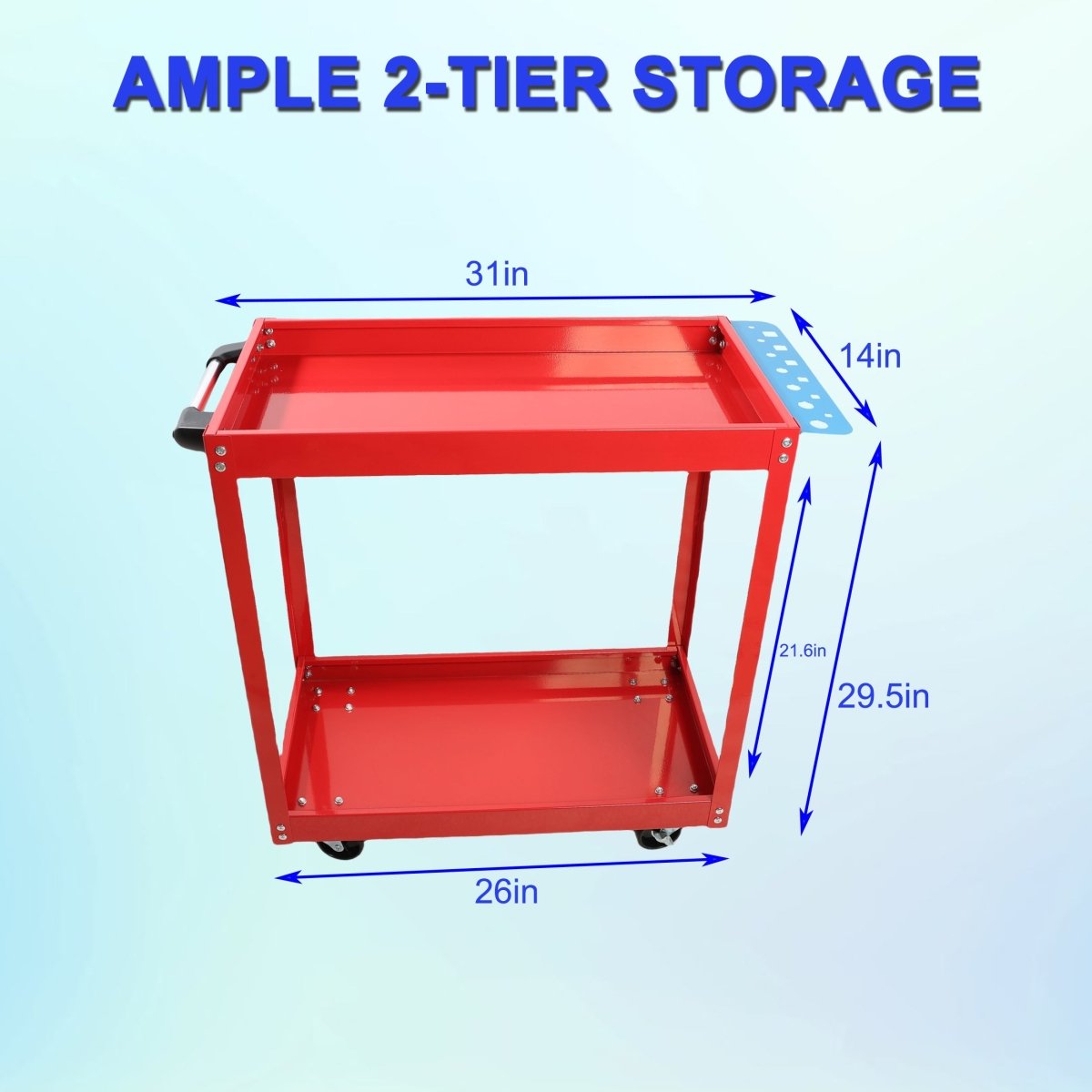 Tool Cart on Wheels, Heavy Duty Steel Utility Cart w/Lockable Wheels, 400 LBS Capacity Industrial Service Cart for Garage, Warehouse, Workshop (Two - layer Bright Red) - HomeDIYer