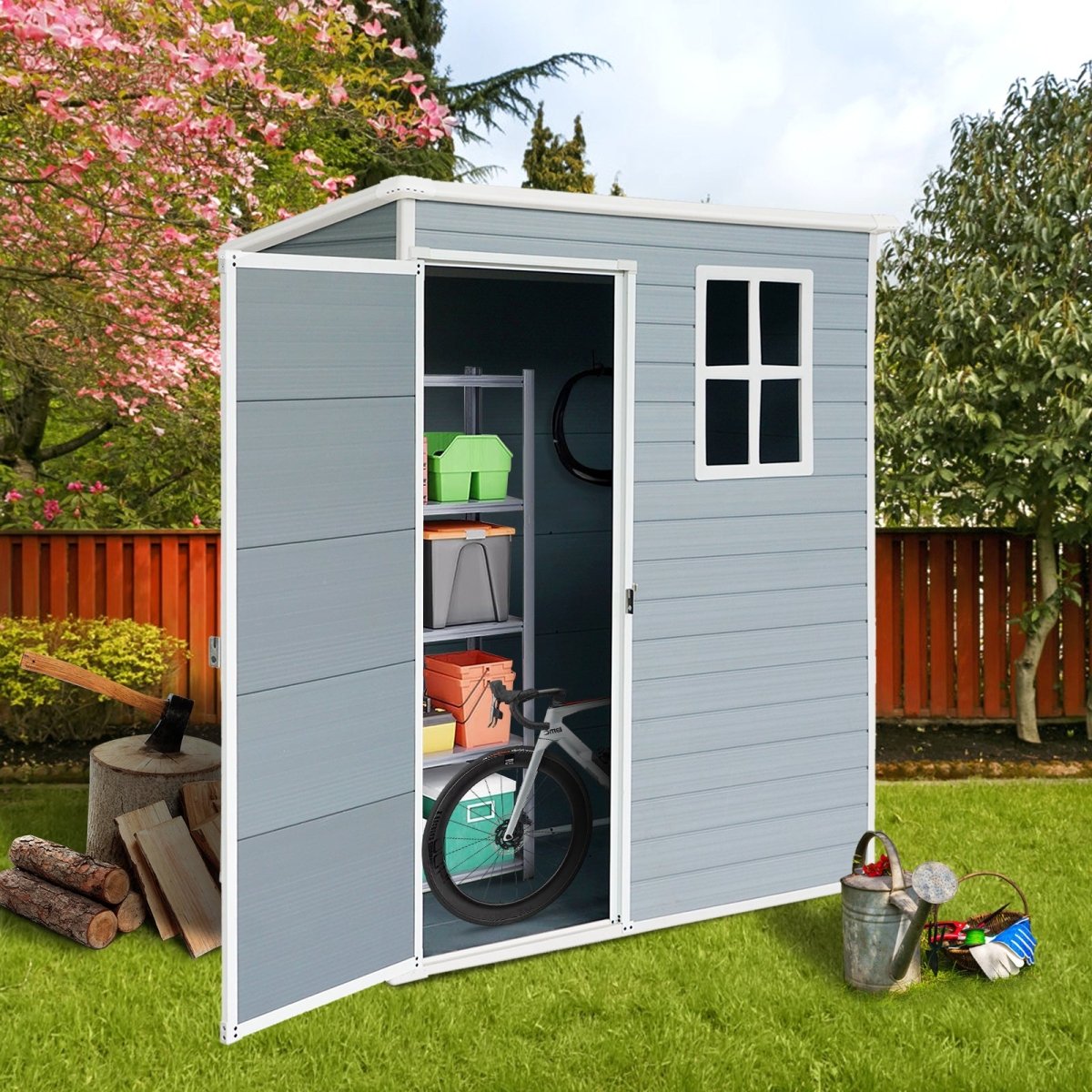 5ft x 3ft Resin Outdoor Storage Shed Plastic Garden Sheds with Floor and Lockable Door for Backyard, Lawn, Grey - HomeDIYer