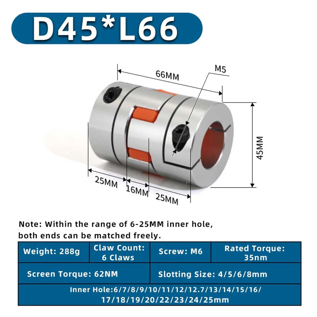 D45mm L66mm Shaft Coupler Flexible Plum Coupling CNC Stepper Motor Jaw Spider