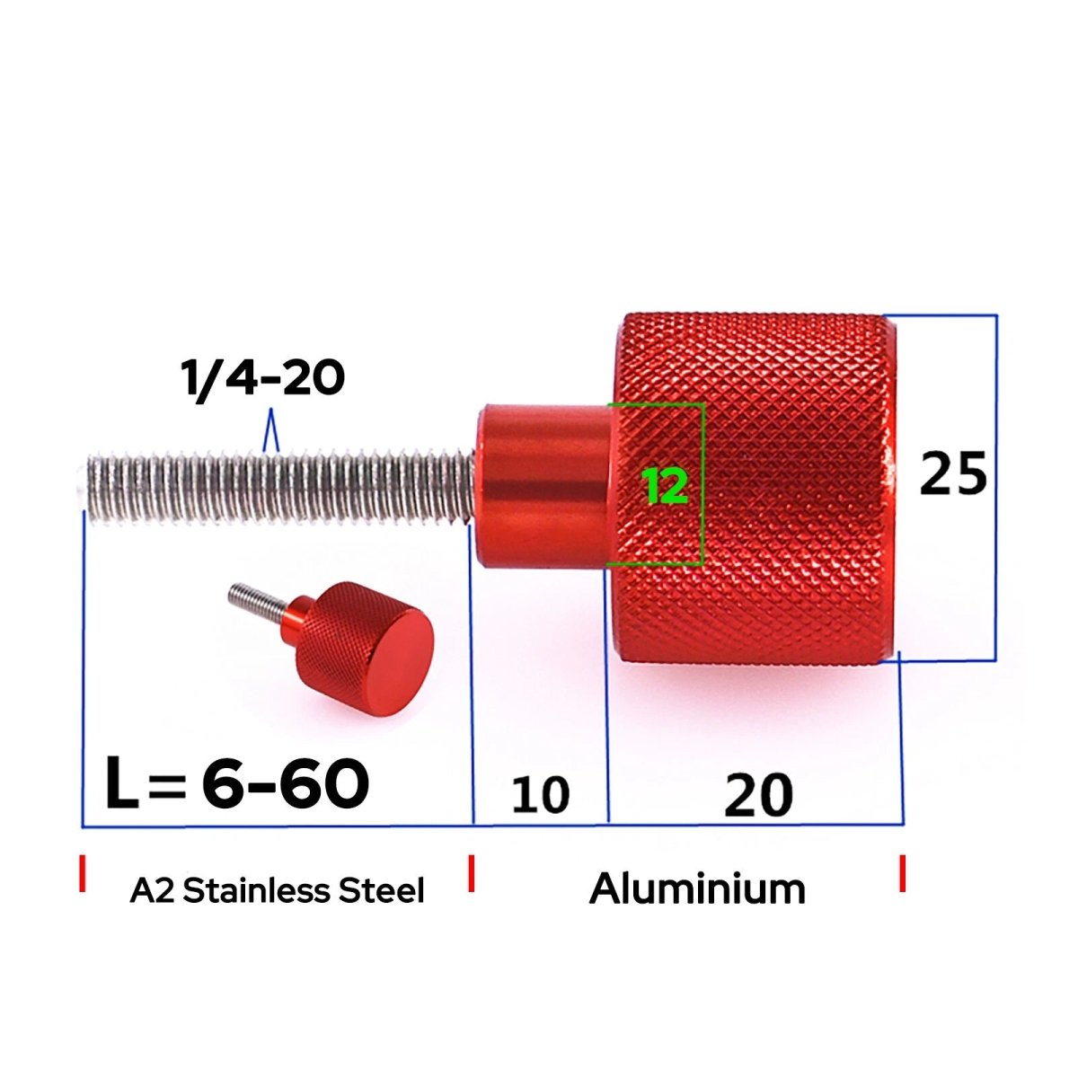 1/4 - 20 Knurled Thumb Screws – A2 Stainless Steel + Aluminum Knob Bolts, Black & Red - HomeDIYer
