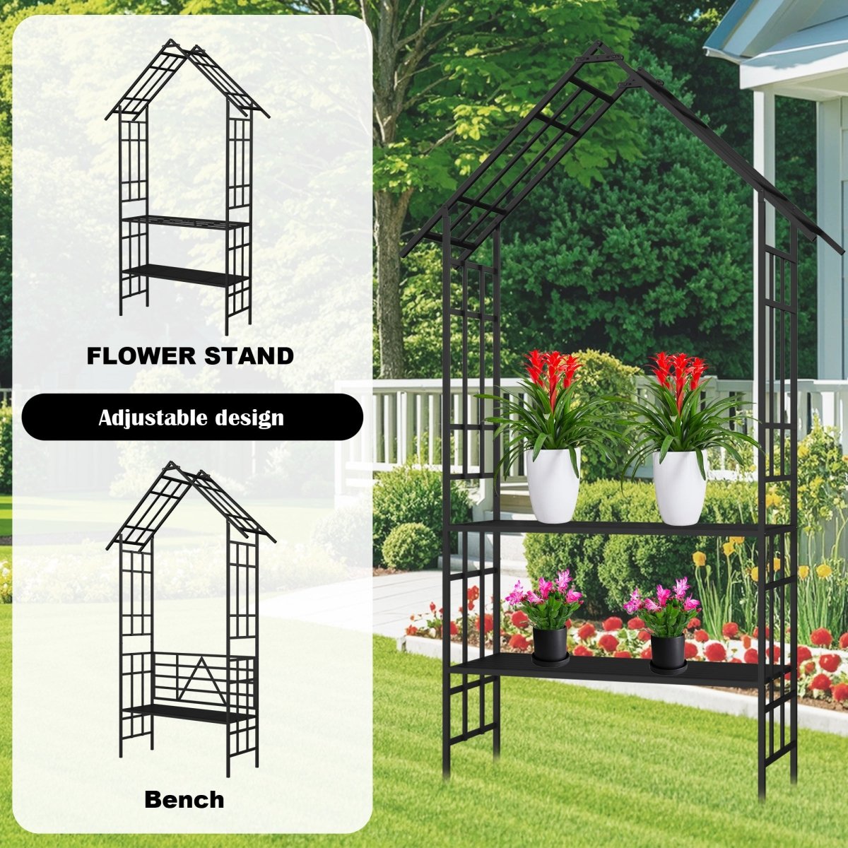 Metal Garden Arch with Bench Turned into Flower Stand W58.07*H97.24 Climbing Plants Support Rose Arch Outdoor Black - HomeDIYer