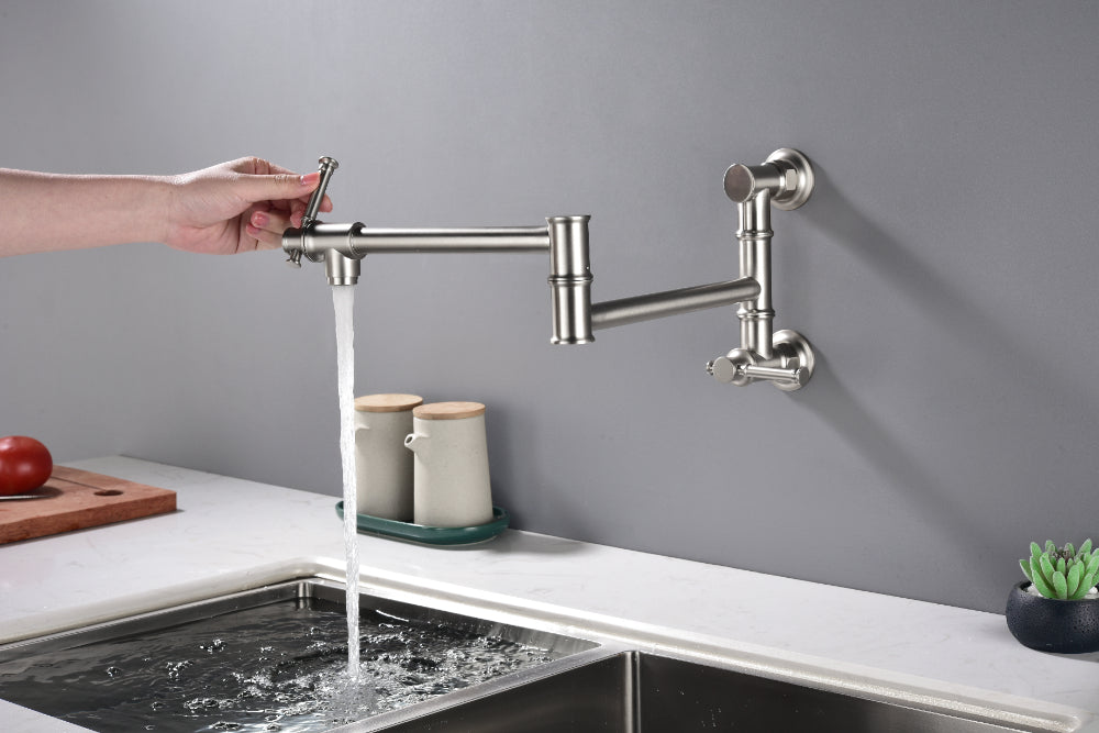 Wall Mounted Pot Filler Faucet โ Brushed Nickel, Two-Attachment Folding Swing Arm, Dual Handle, Solid Brass
